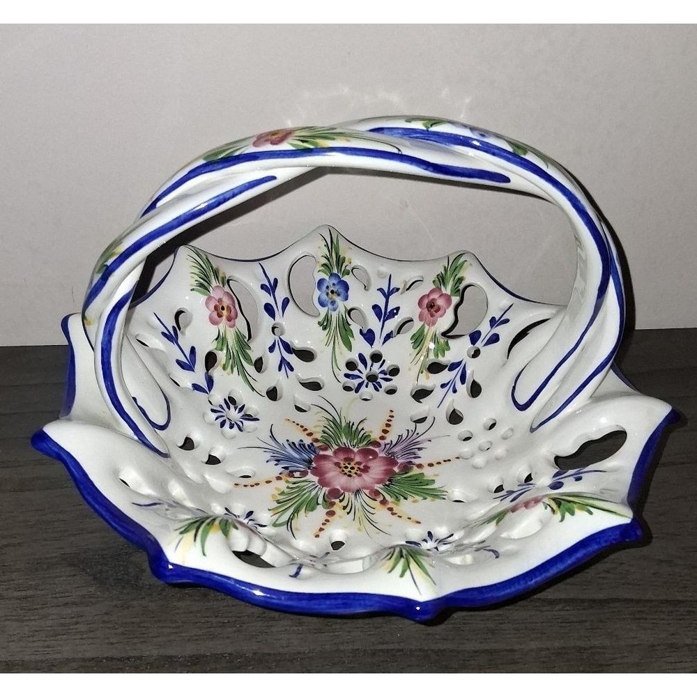 Vintage RCCL Portugal Hand Painted Pierced Porcelain Basket Blue Floral